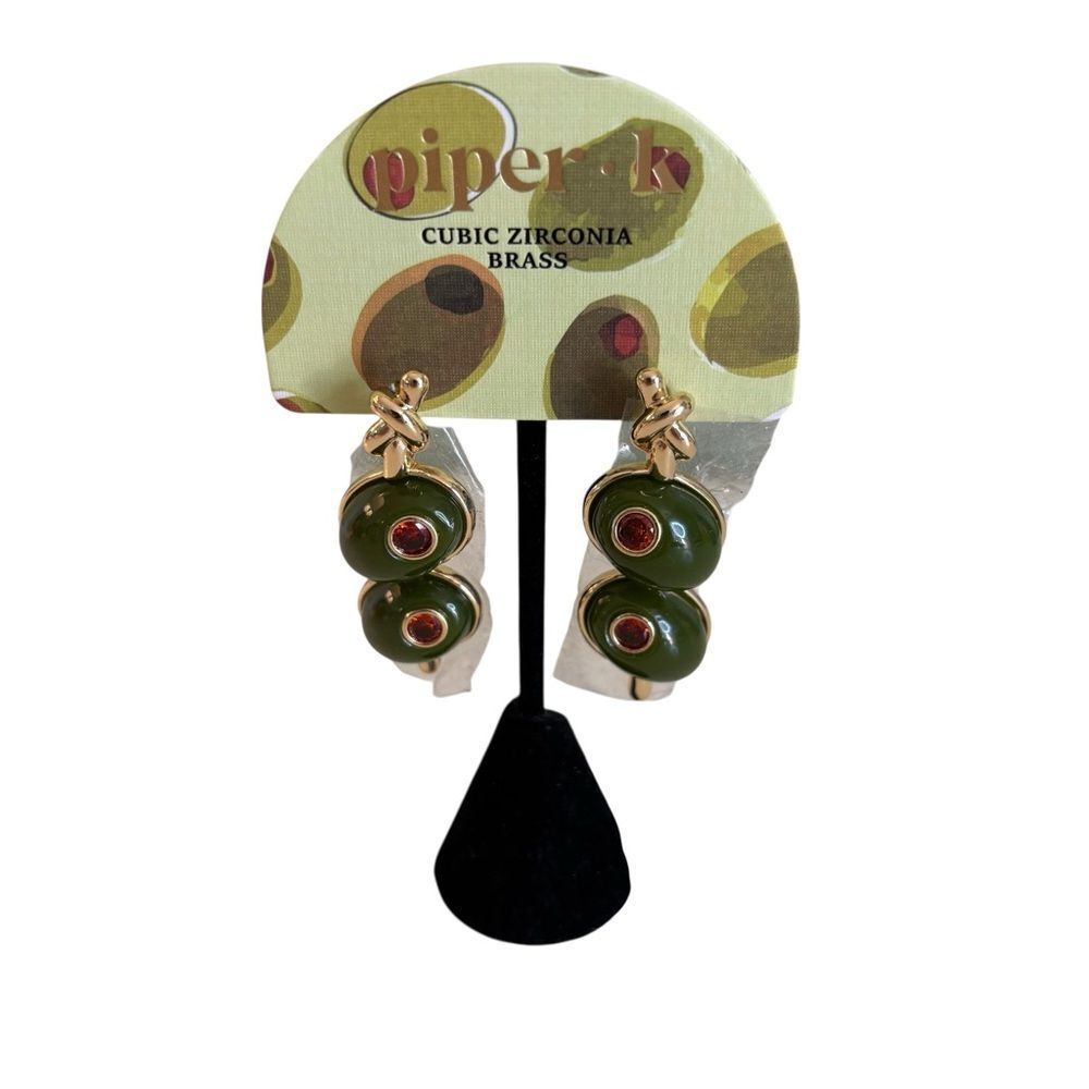 Martini Olive Double Drop Earrings in Green & Gold w/ Red Crystal Accent Stones